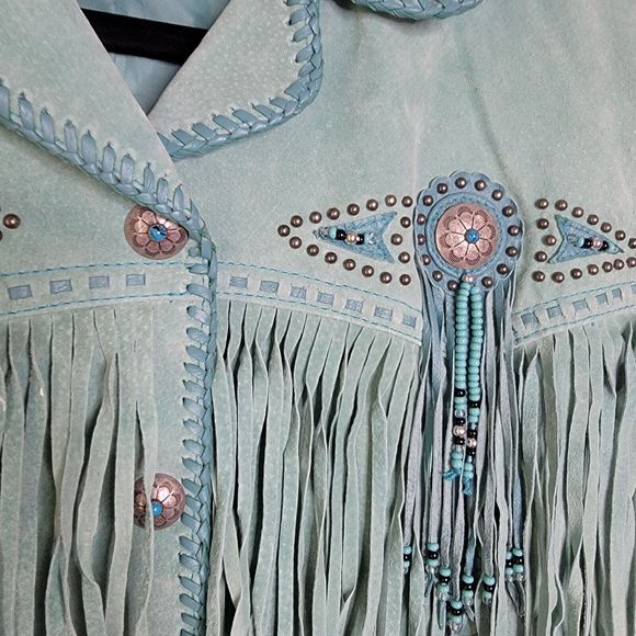 Women's SCULLY FRINGE & BEADED FAWN SUEDE LEATHER SHORT JACKET Snap Buttons LG - Picture 4 of 10